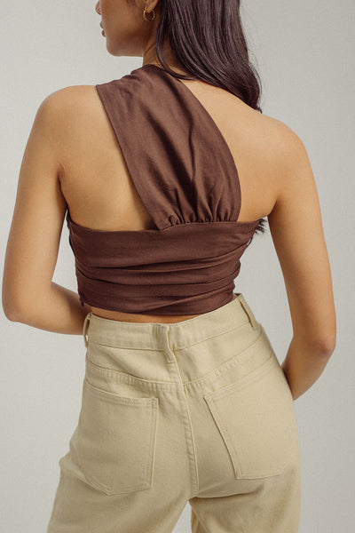 Mila Brown Ruched One Side Strap Sleeveless Crop Top