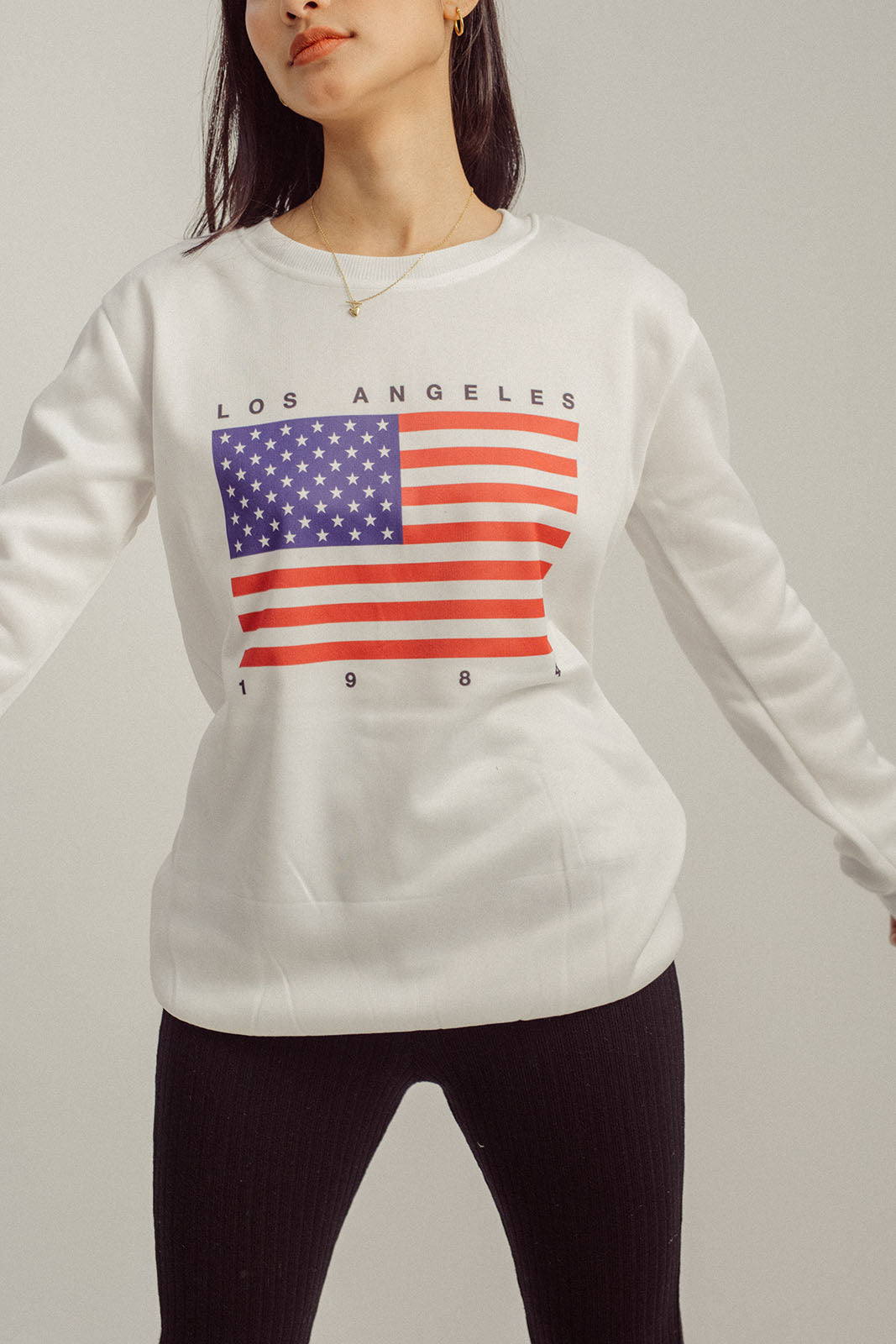 Bren White Flag Print Crew Neck Long Sleeves Sweatshirt