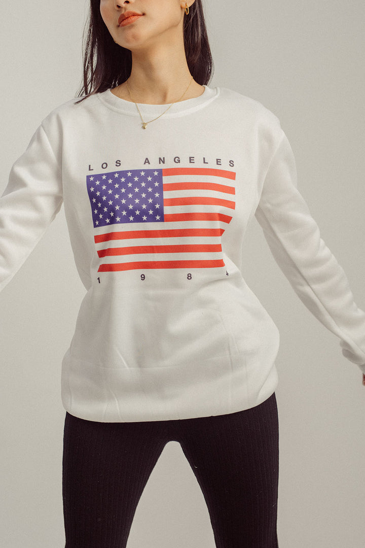 Bren White Flag Print Crew Neck Long Sleeves Sweatshirt