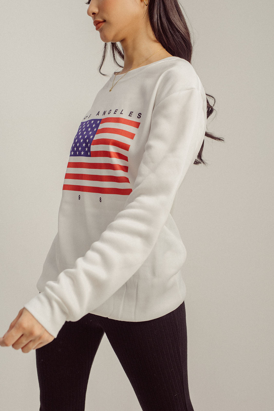 Bren White Flag Print Crew Neck Long Sleeves Sweatshirt