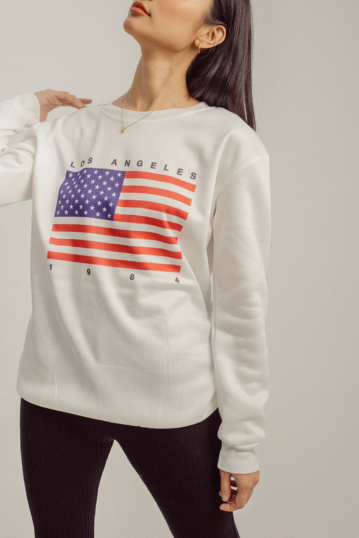 Bren White Flag Print Crew Neck Long Sleeves Sweatshirt