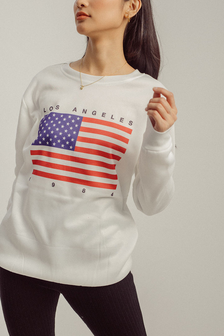 Bren White Flag Print Crew Neck Long Sleeves Sweatshirt