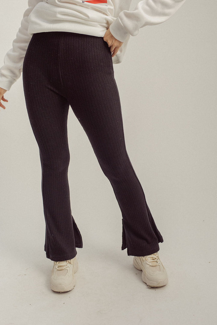 Kobe Black Knitted High Rise Flare Pants with Side Slit