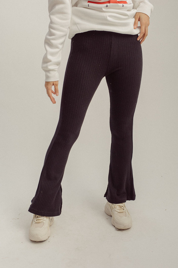 Kobe Black Knitted High Rise Flare Pants with Side Slit