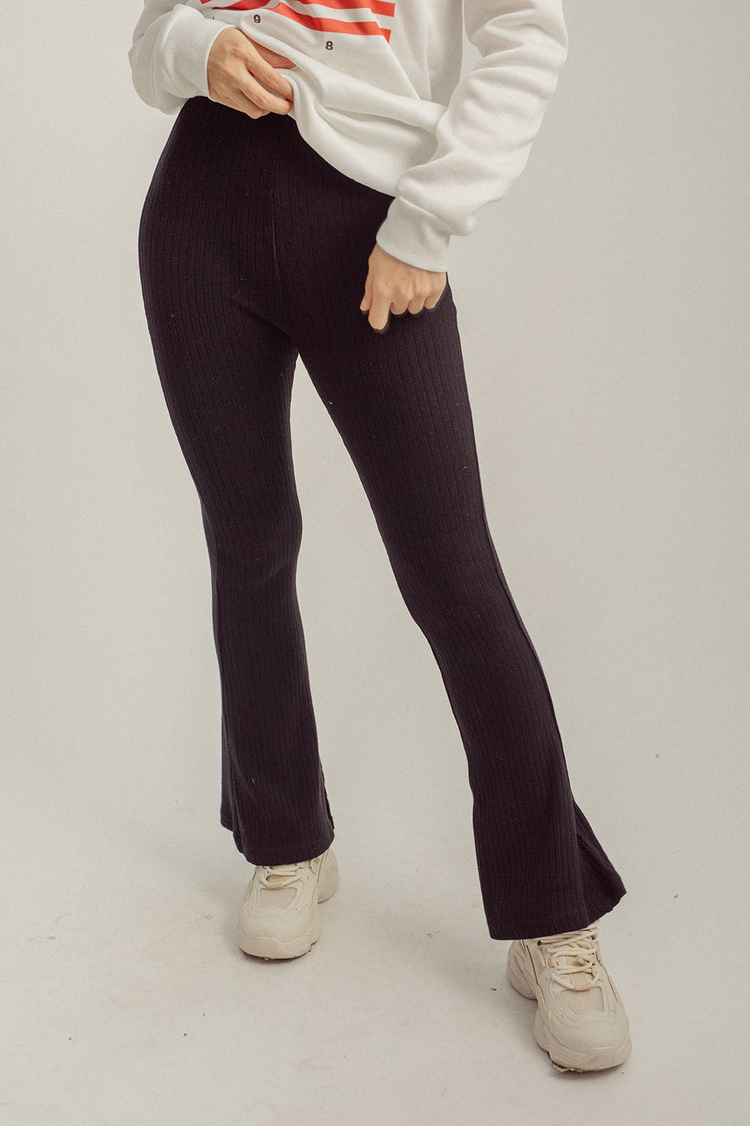 Kobe Black Knitted High Rise Flare Pants with Side Slit