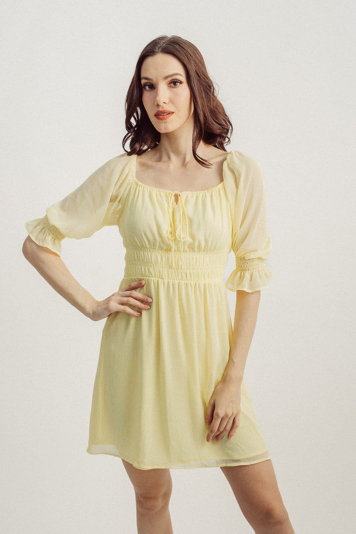 Dasha Yellow Square Neck Mid Sleeves Elastic Waist Mini Dress