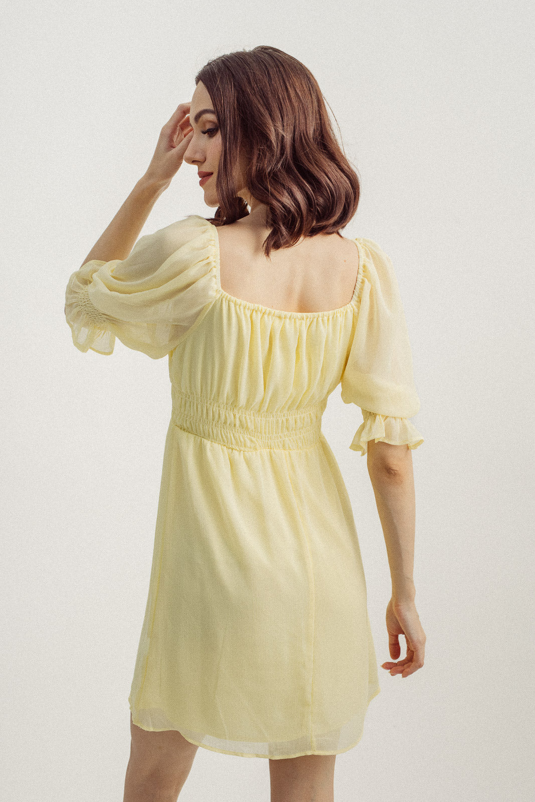 Dasha Yellow Square Neck Mid Sleeves Elastic Waist Mini Dress
