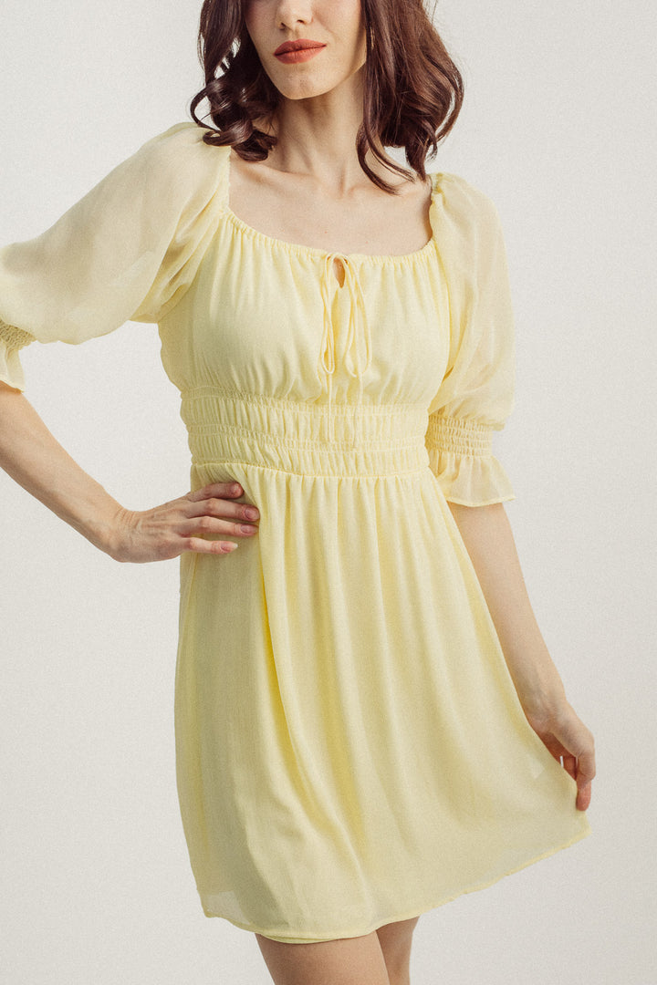 Dasha Yellow Square Neck Mid Sleeves Elastic Waist Mini Dress