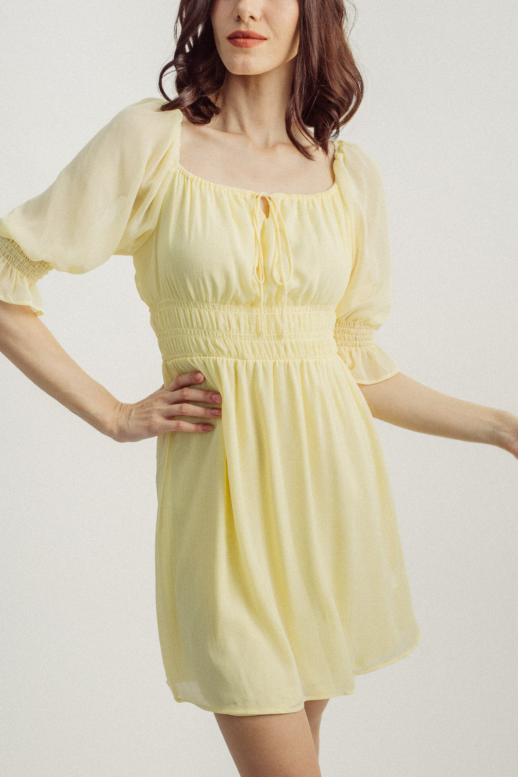 Dasha Yellow Square Neck Mid Sleeves Elastic Waist Mini Dress