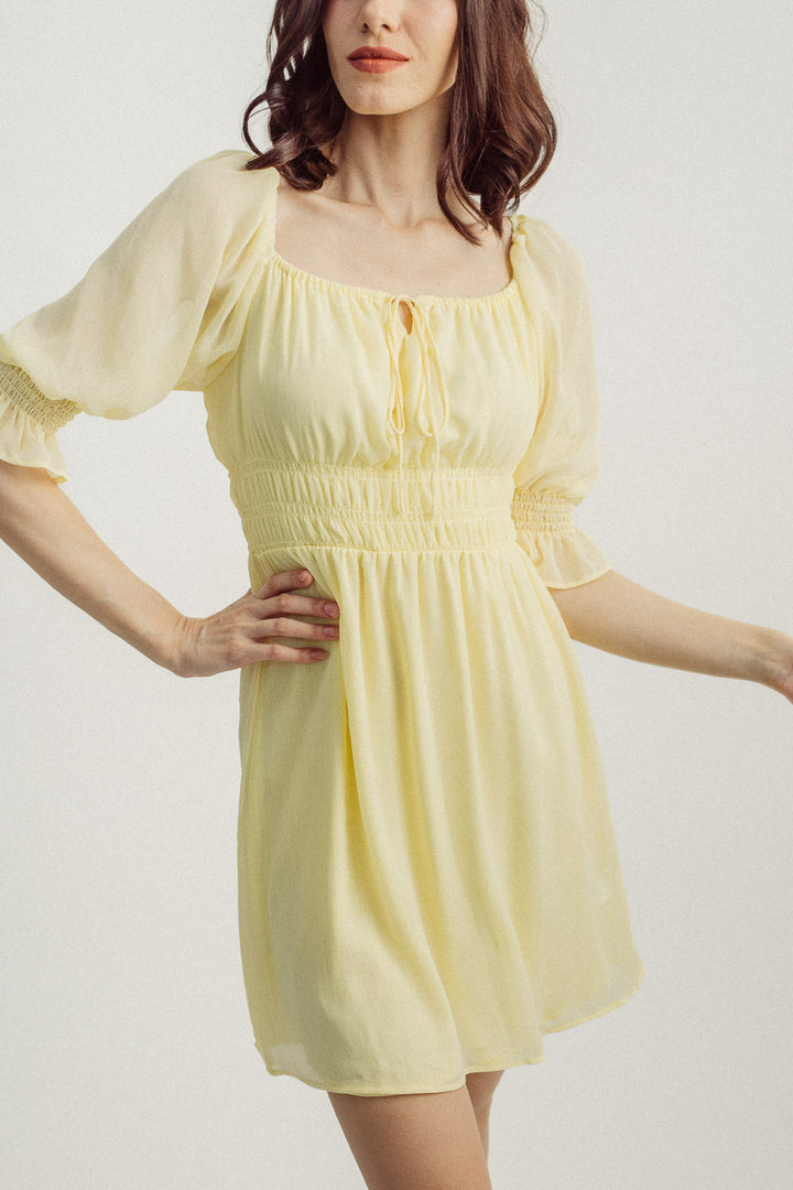 Dasha Yellow Square Neck Mid Sleeves Elastic Waist Mini Dress