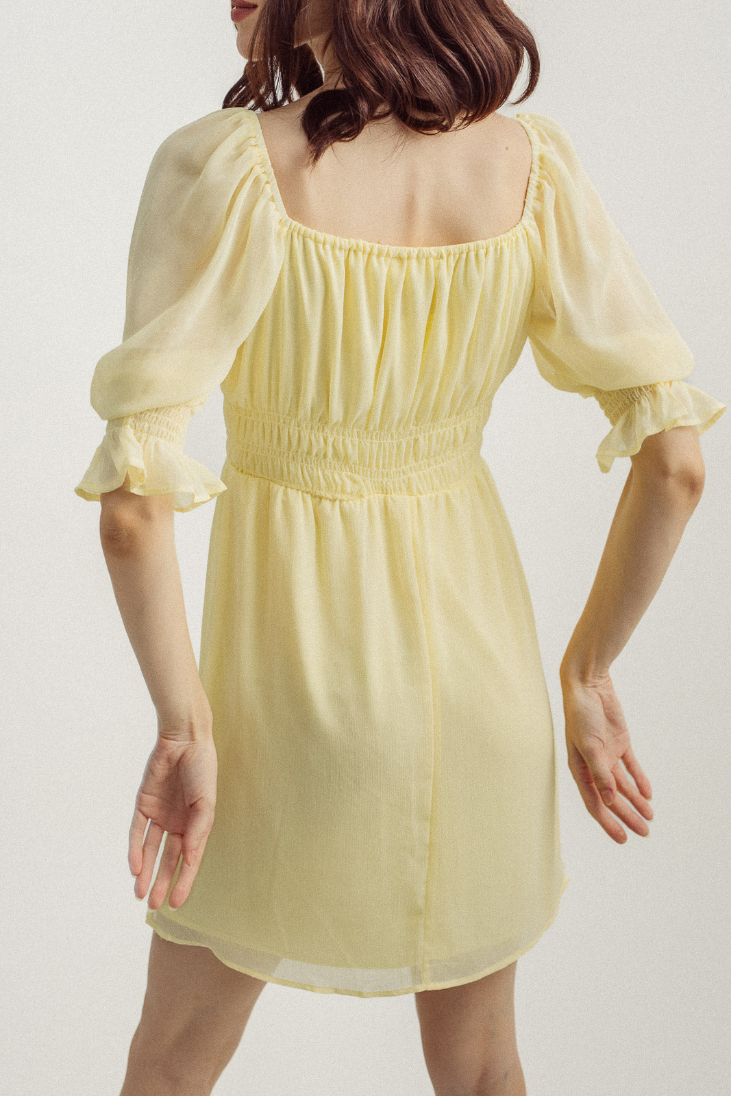 Dasha Yellow Square Neck Mid Sleeves Elastic Waist Mini Dress