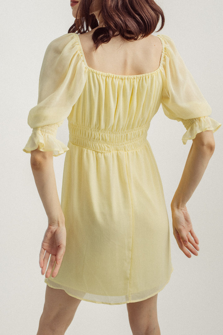 Dasha Yellow Square Neck Mid Sleeves Elastic Waist Mini Dress