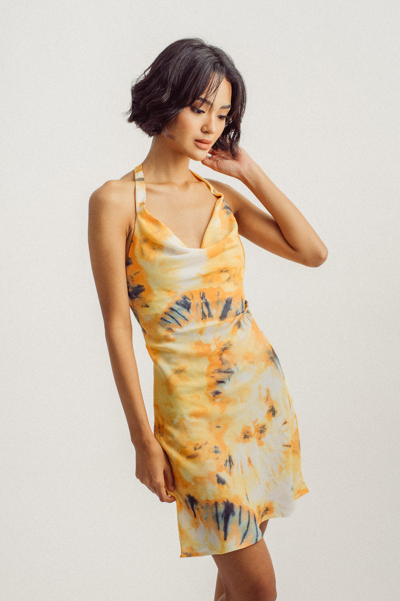 Colette Orange Tie Dye Cowl Neck Sleeveless Self Tie Open Back Mini Dress