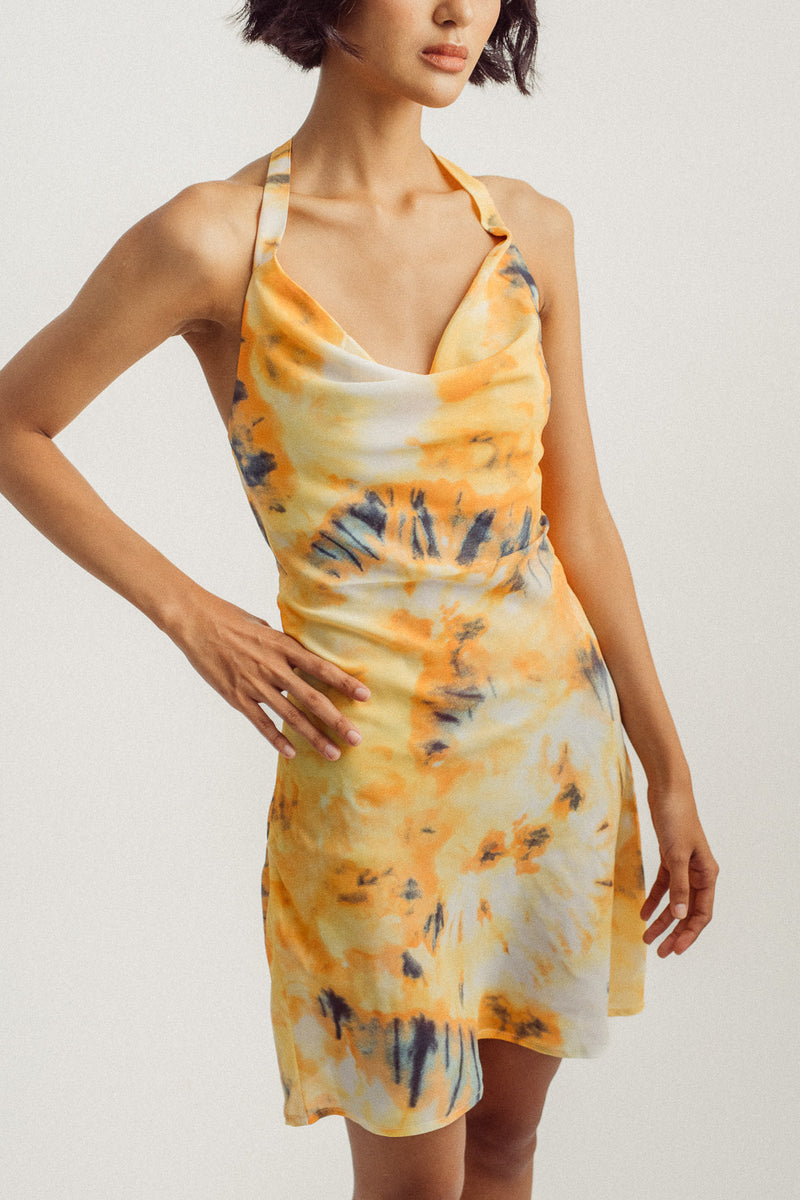 Colette Orange Tie Dye Cowl Neck Sleeveless Self Tie Open Back Mini Dress