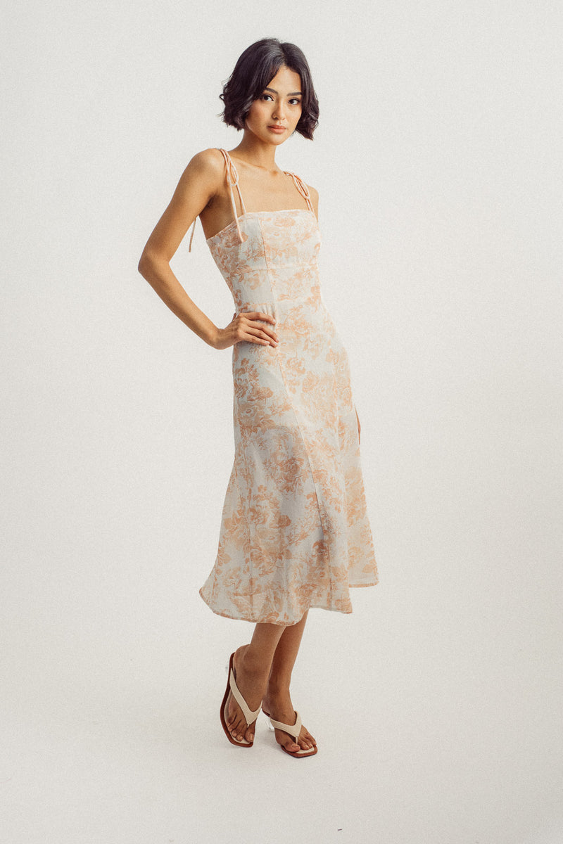 (PRE-ORDER: ETA February 25) Aerielle Peach Floral Print Sleeveless Self Tie Strap Midi Dress