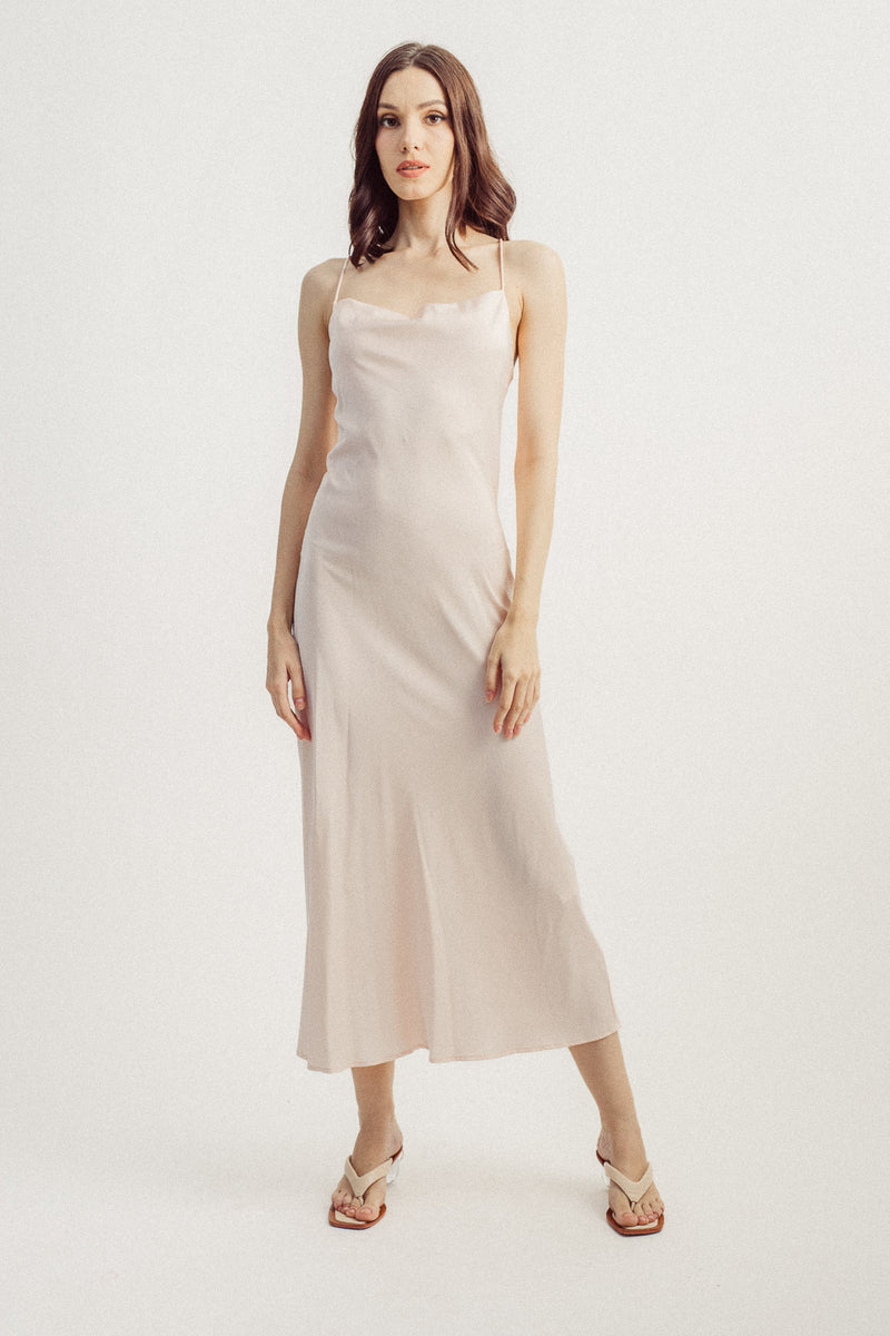 Andra Blush Pink Cowl Neck Sleeveless Sexy Crisscross Back Midi Dress