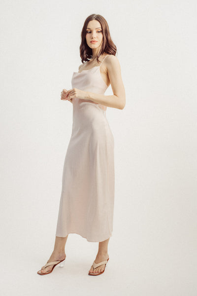 Andra Blush Pink Cowl Neck Sleeveless Sexy Crisscross Back Midi Dress