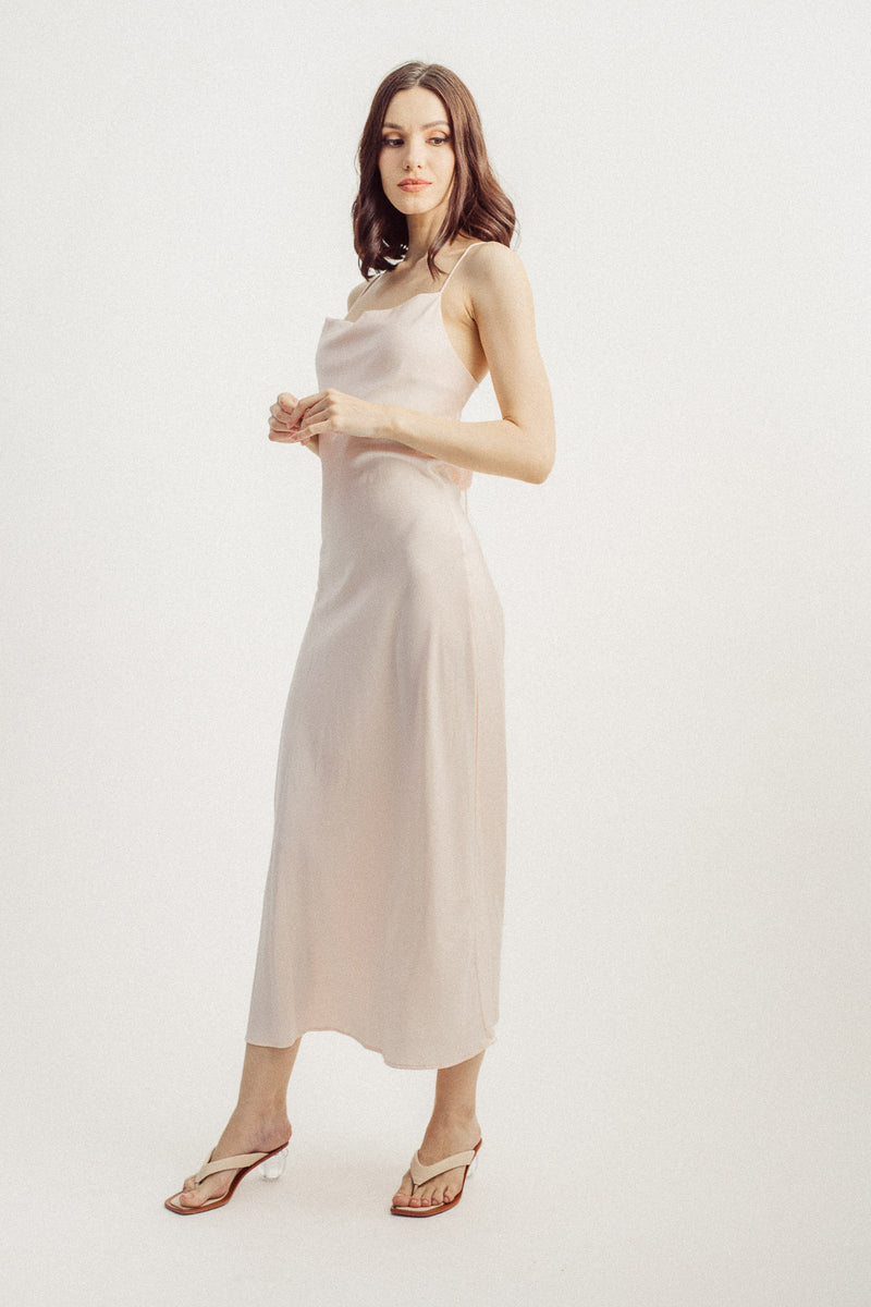 Andra Blush Pink Cowl Neck Sleeveless Sexy Crisscross Back Midi Dress