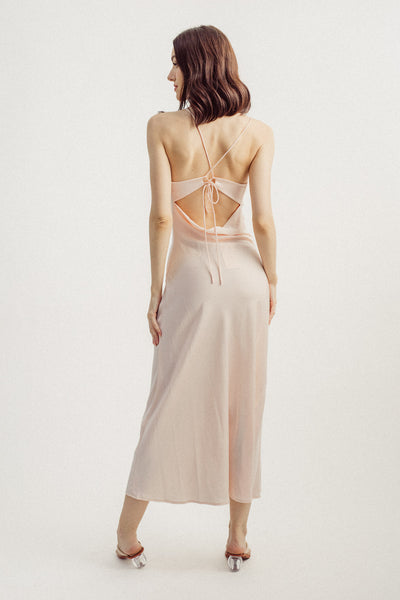 Andra Blush Pink Cowl Neck Sleeveless Sexy Crisscross Back Midi Dress