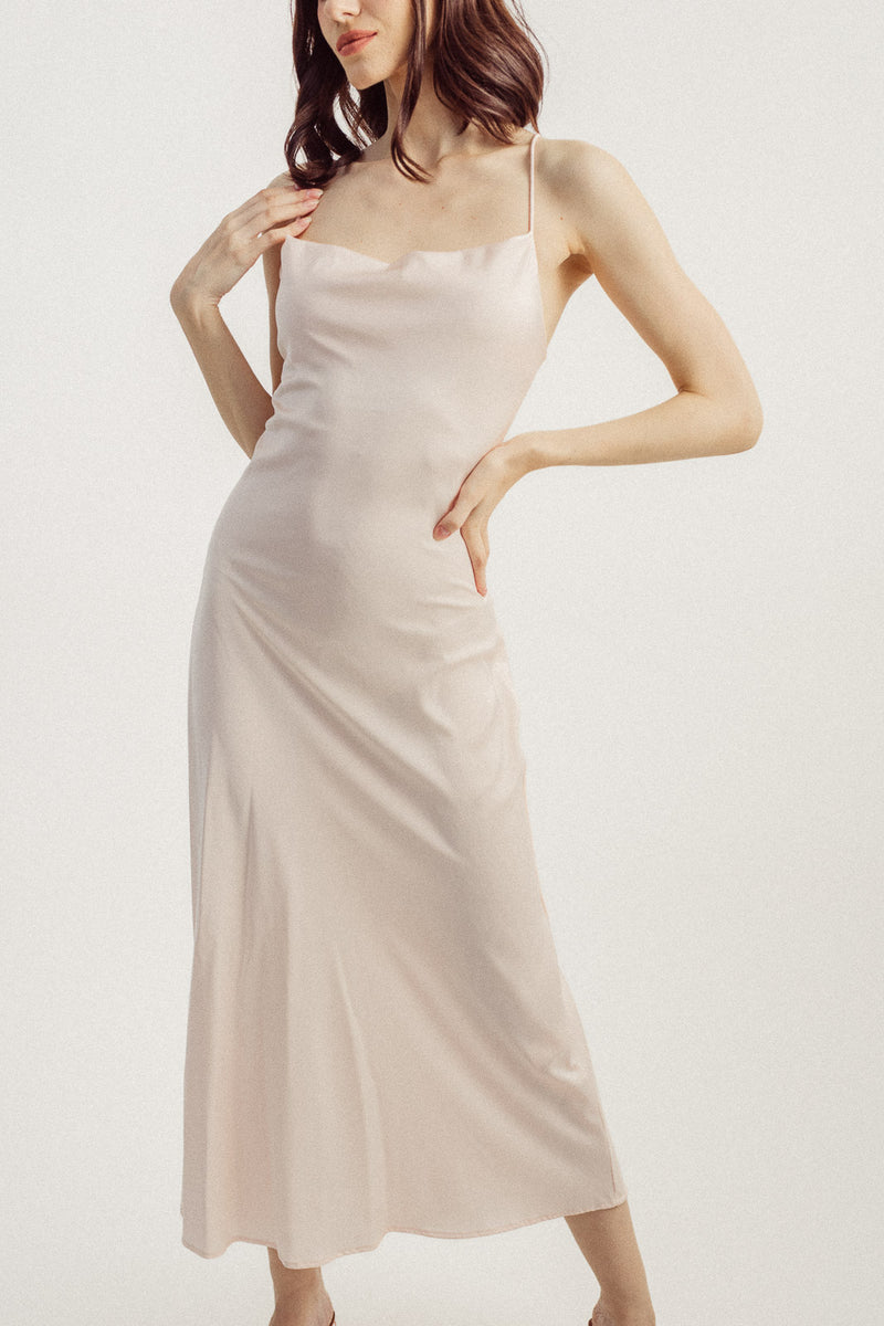 Andra Blush Pink Cowl Neck Sleeveless Sexy Crisscross Back Midi Dress