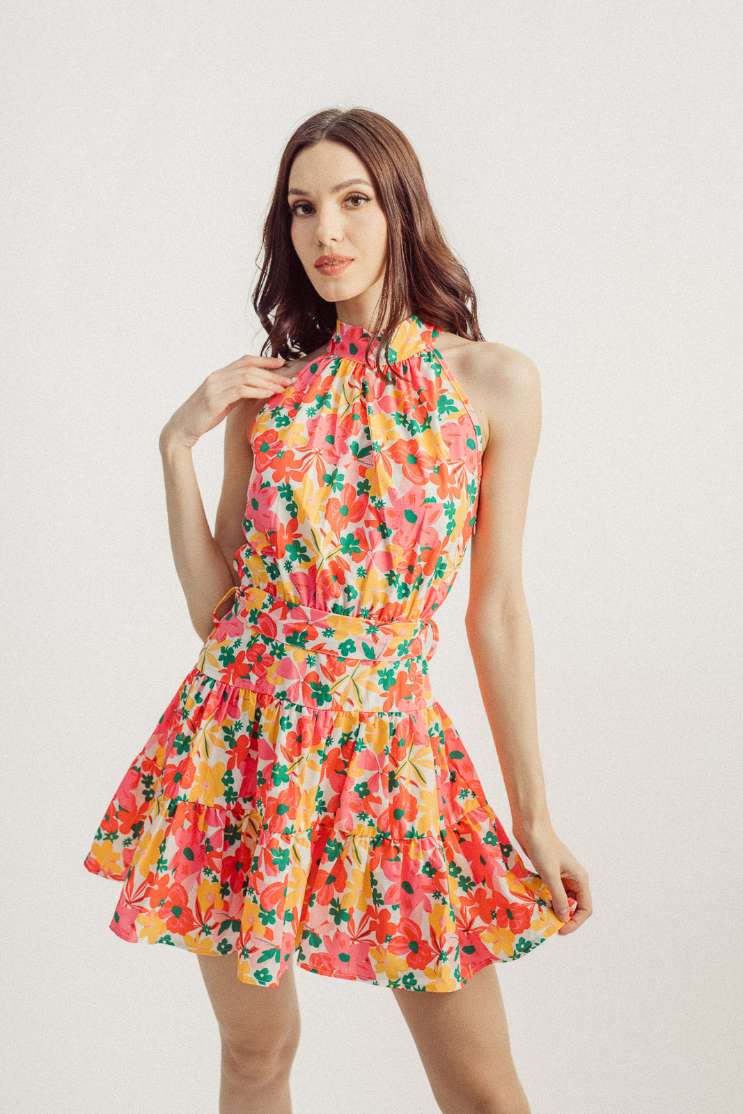 Janika Multicolor Floral Print Halter Sleeveless Tiered Mini Dress with Belt