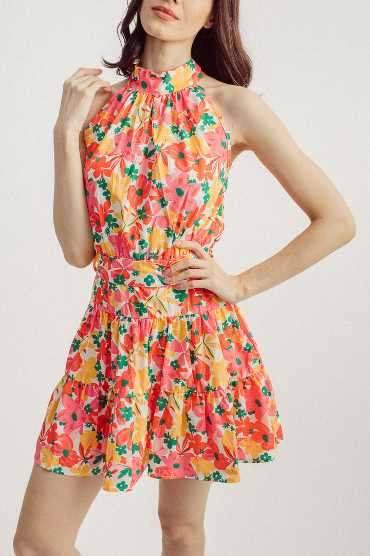 Janika Multicolor Floral Print Halter Sleeveless Tiered Mini Dress with Belt