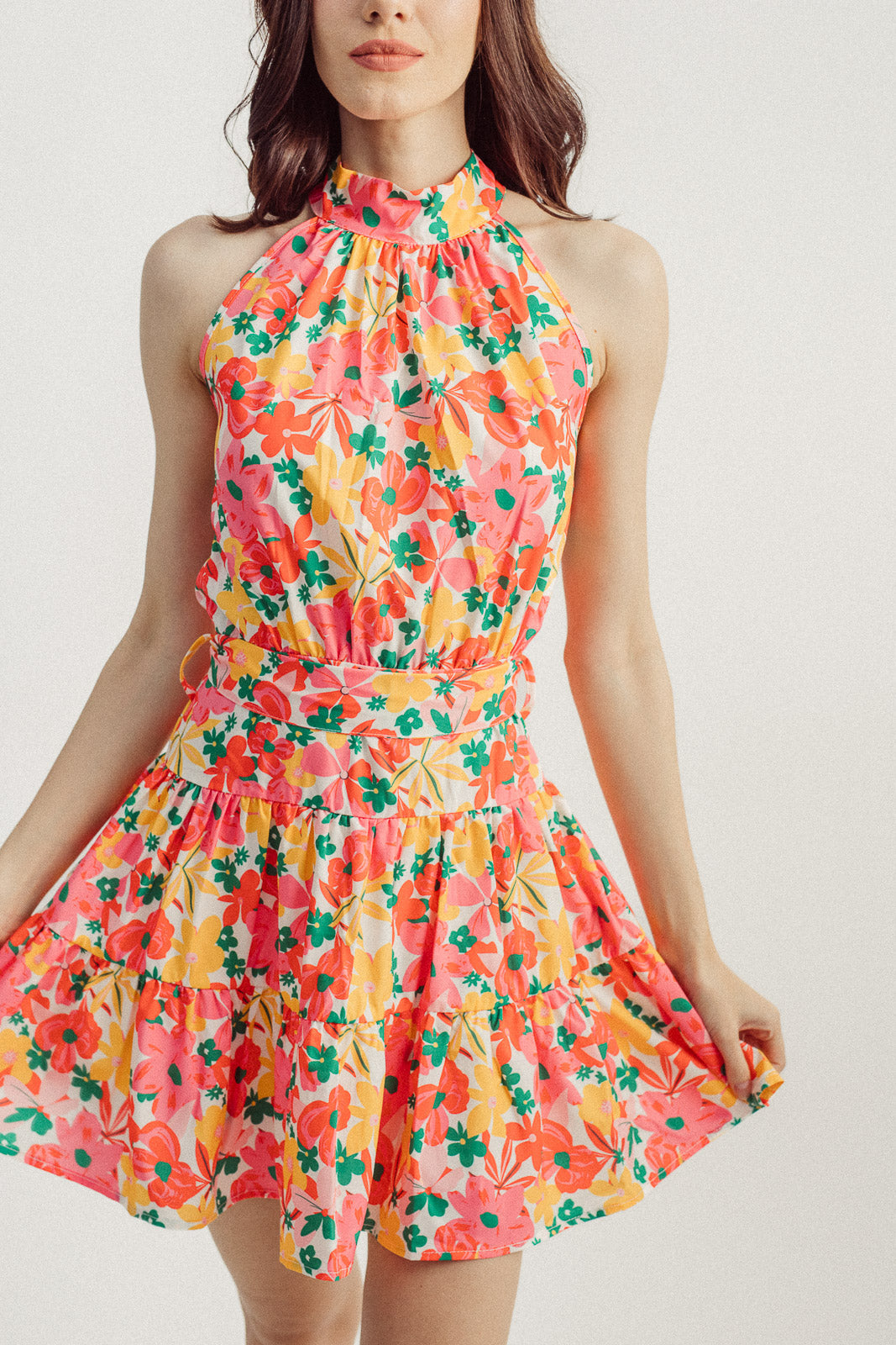 Janika Multicolor Floral Print Halter Sleeveless Tiered Mini Dress with Belt