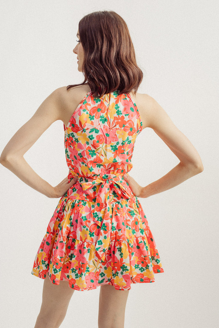 Janika Multicolor Floral Print Halter Sleeveless Tiered Mini Dress with Belt