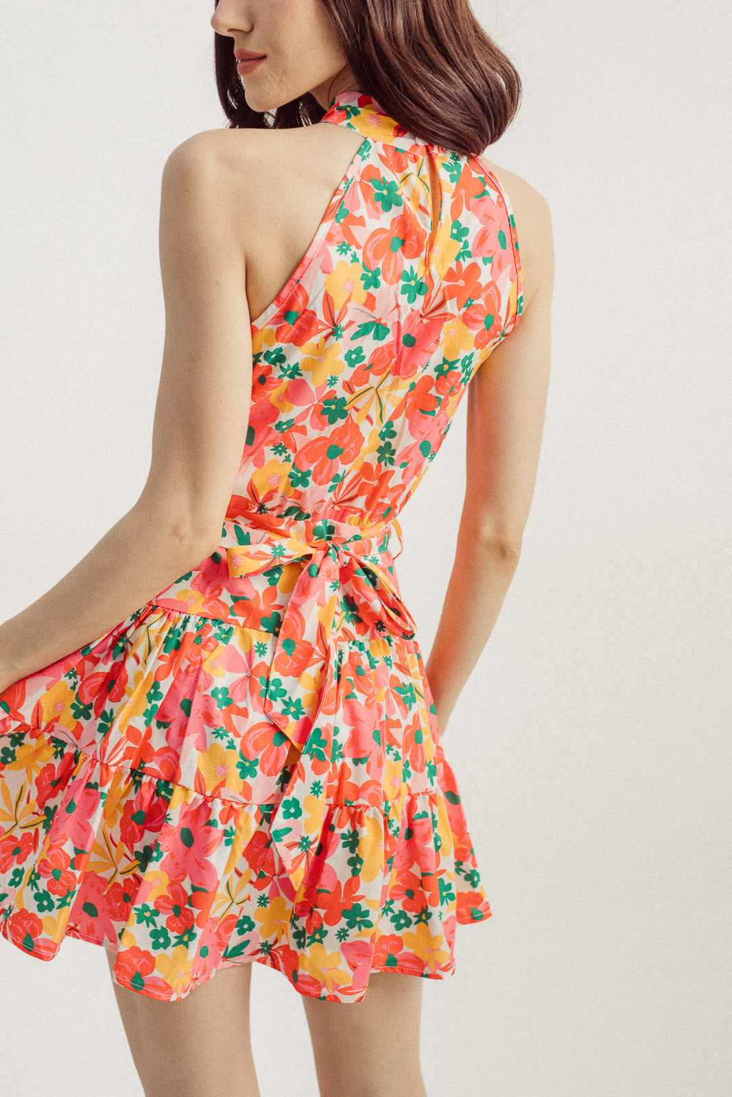 Janika Multicolor Floral Print Halter Sleeveless Tiered Mini Dress with Belt