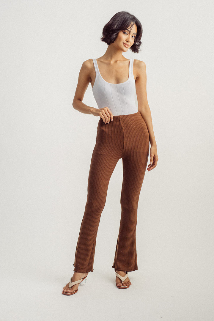 Roscoe Brown Knitted Lettuce Hem Flare Pants