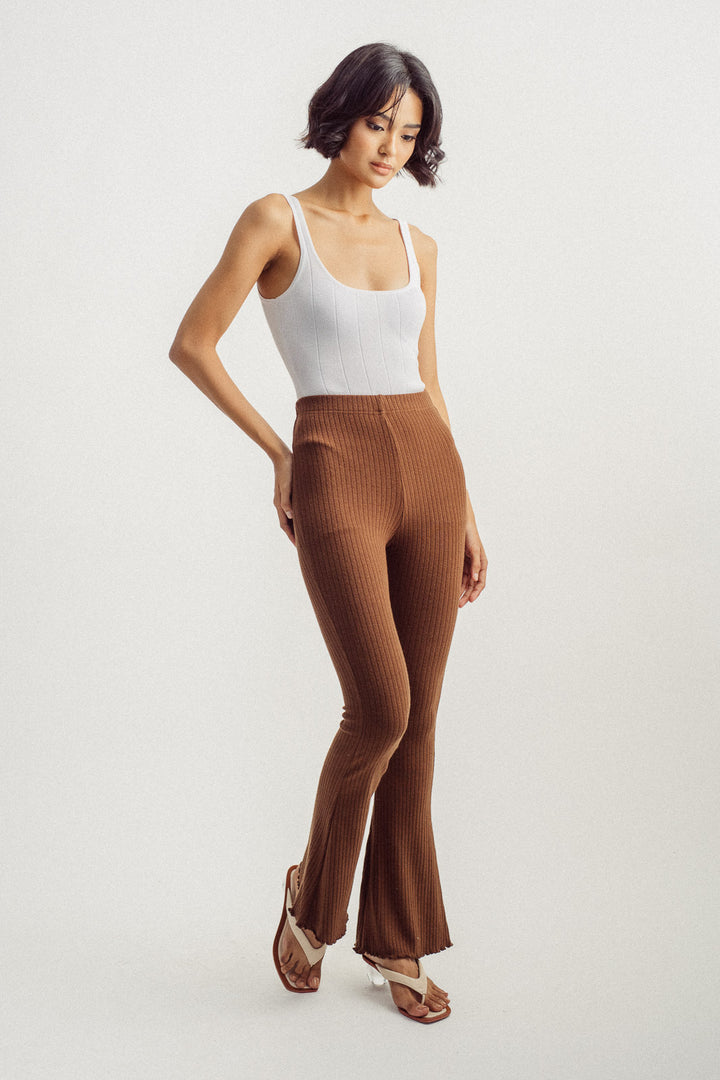 Roscoe Brown Knitted Lettuce Hem Flare Pants