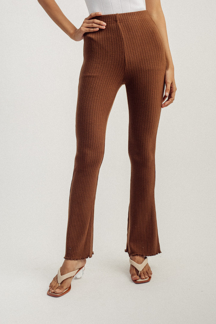 Roscoe Brown Knitted Lettuce Hem Flare Pants