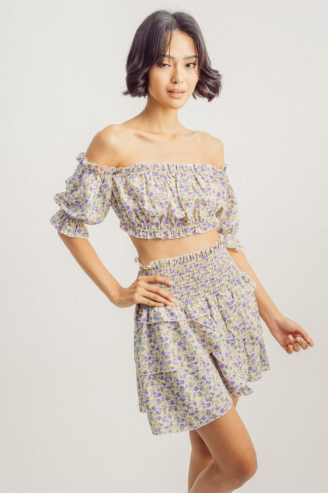 Frida Yellow with Purple Floral Print Off Shoulder Crop Top and Smocked Waist Mini Skirt Set