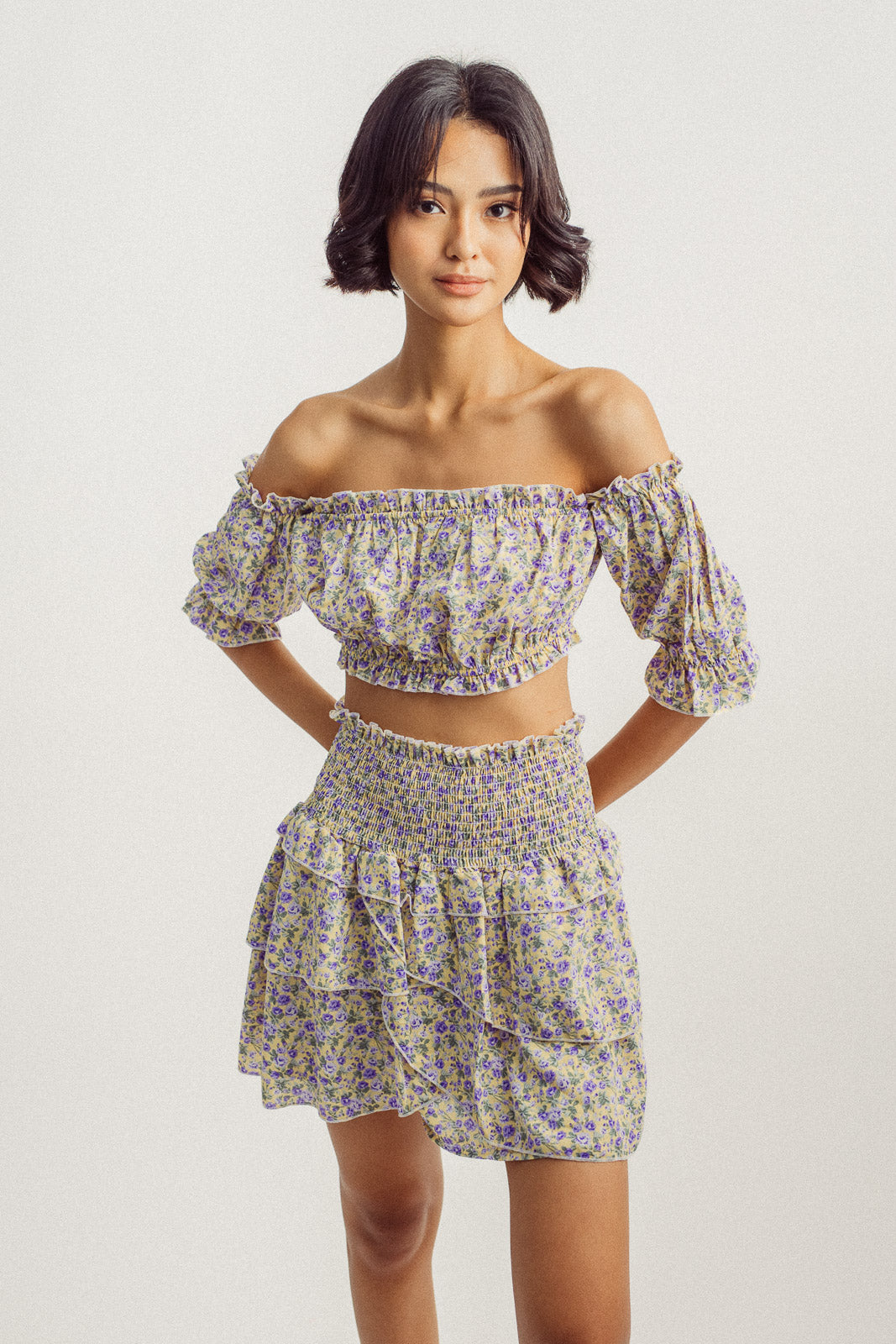 Frida Yellow with Purple Floral Print Off Shoulder Crop Top and Smocked Waist Mini Skirt Set