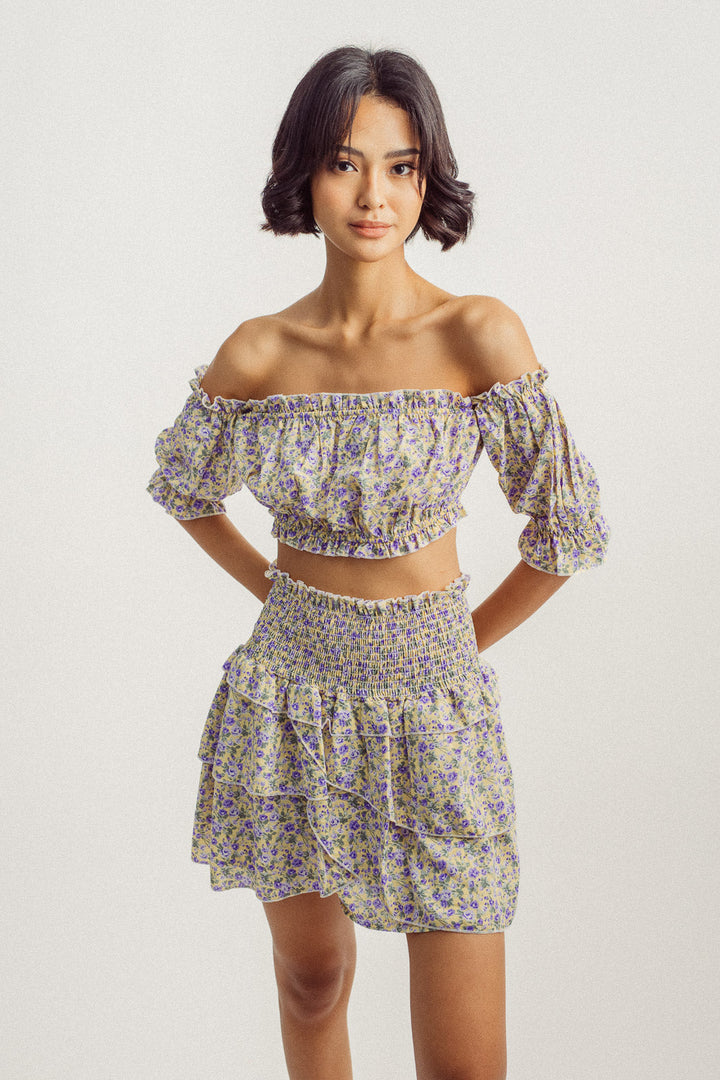 Frida Yellow with Purple Floral Print Off Shoulder Crop Top and Smocked Waist Mini Skirt Set