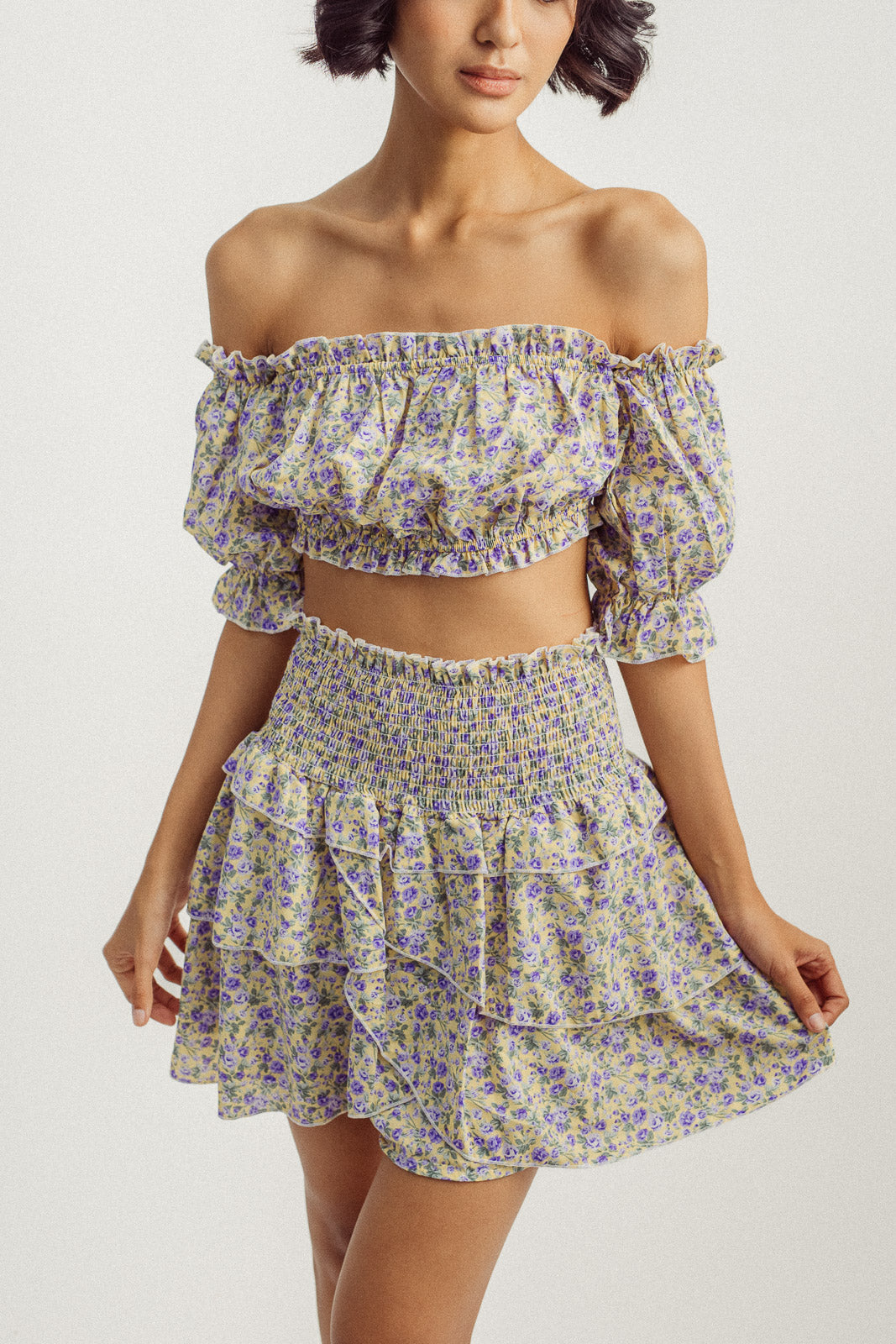 Frida Yellow with Purple Floral Print Off Shoulder Crop Top and Smocked Waist Mini Skirt Set