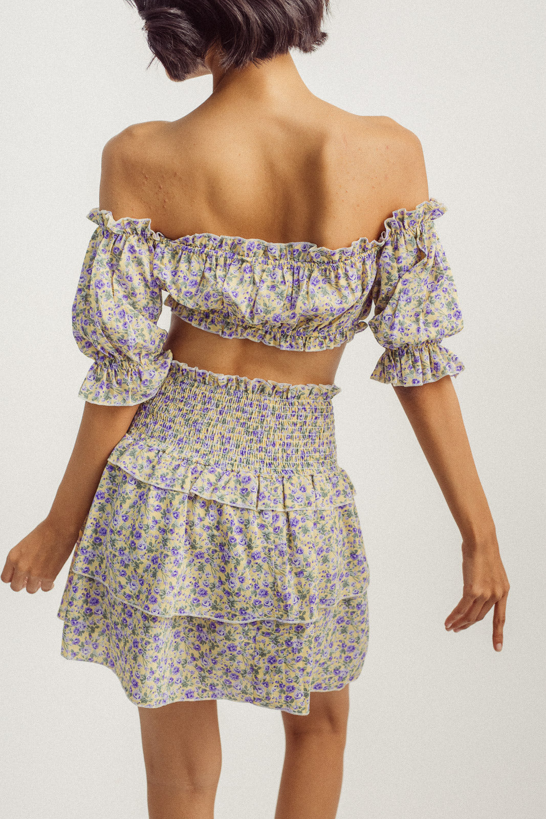 Frida Yellow with Purple Floral Print Off Shoulder Crop Top and Smocked Waist Mini Skirt Set