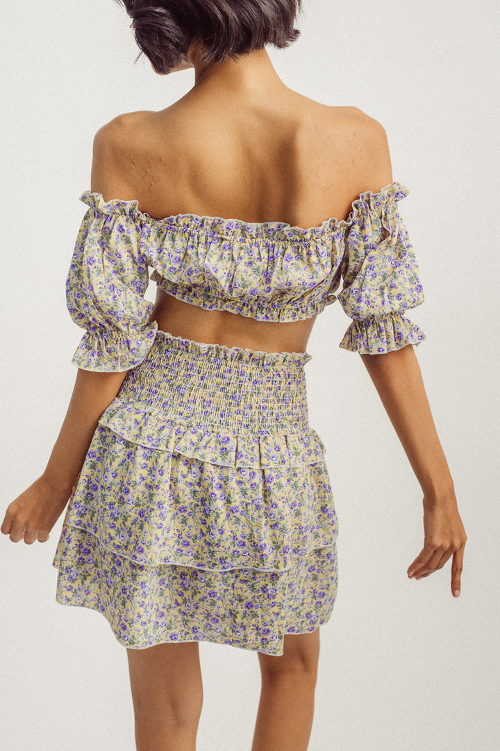 Frida Yellow with Purple Floral Print Off Shoulder Crop Top and Smocked Waist Mini Skirt Set