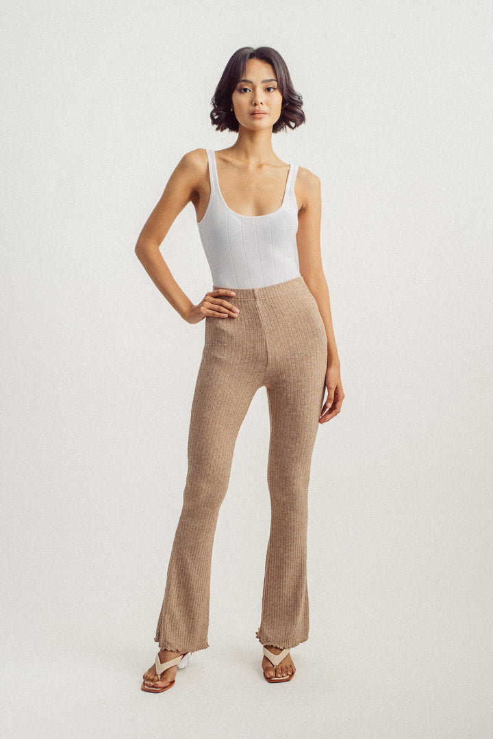 Roscoe Khaki Knitted Lettuce Hem Flare Pants