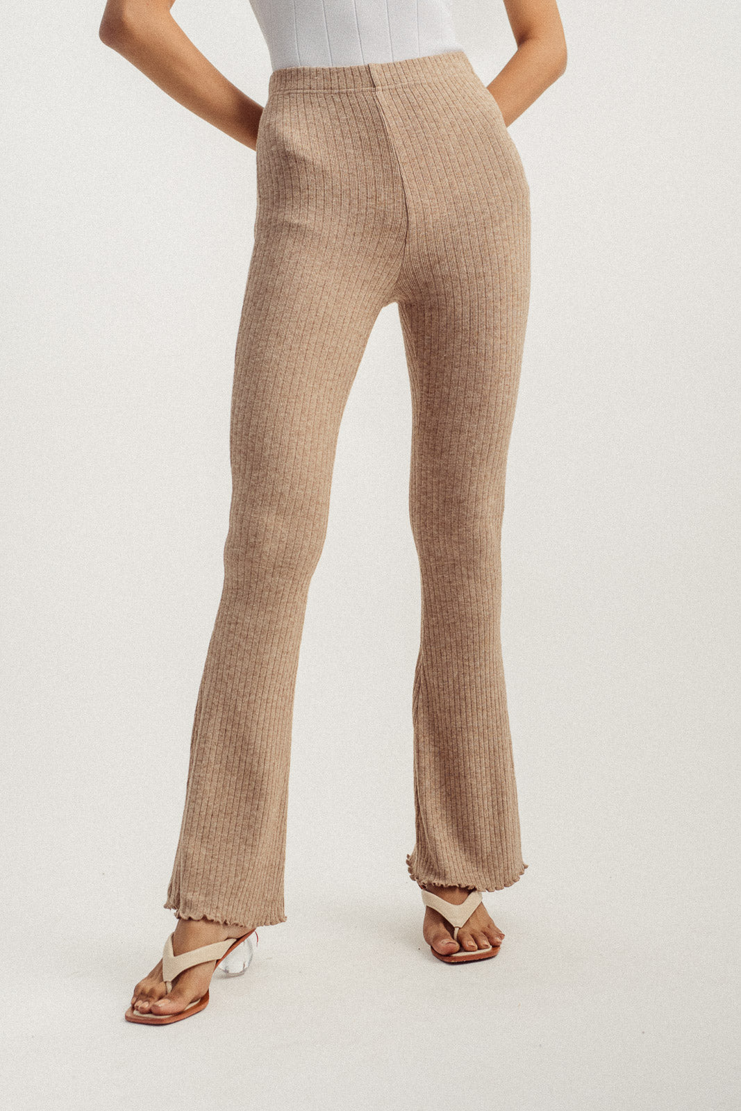 Roscoe Khaki Knitted Lettuce Hem Flare Pants