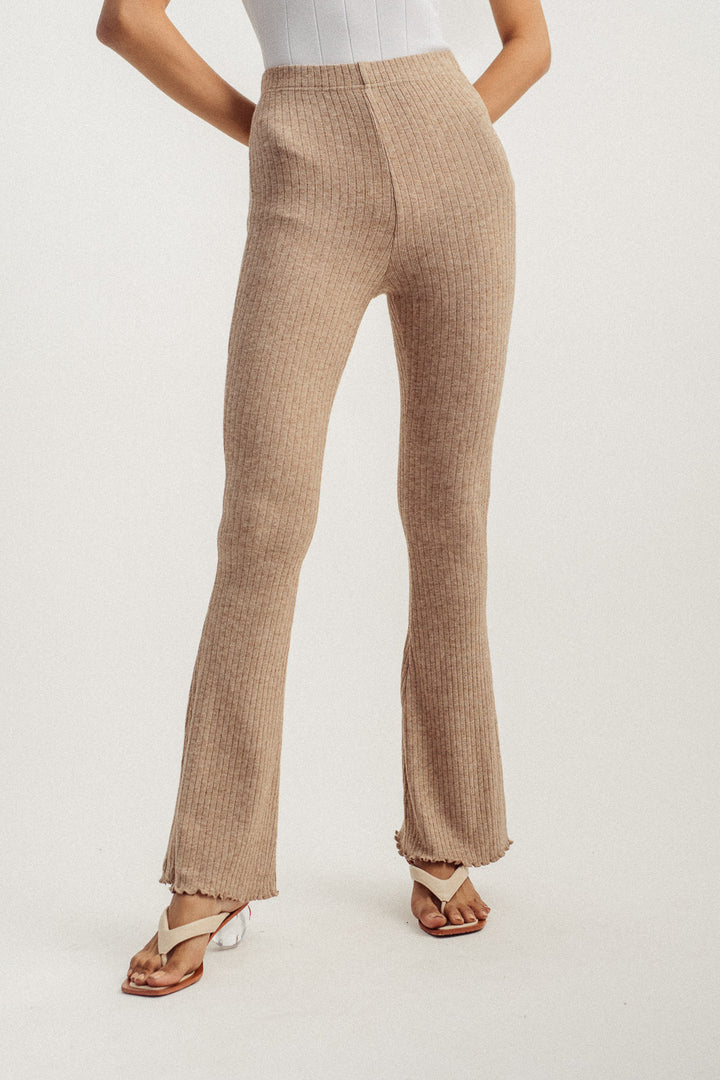 Roscoe Khaki Knitted Lettuce Hem Flare Pants