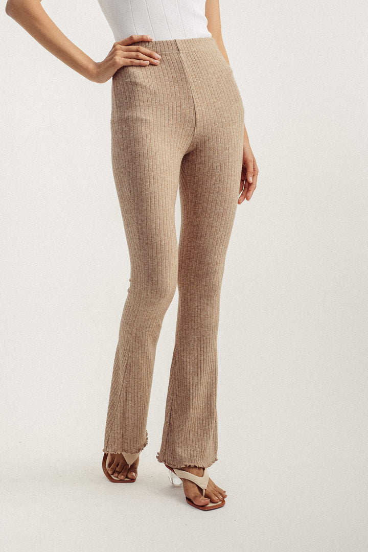 Roscoe Khaki Knitted Lettuce Hem Flare Pants
