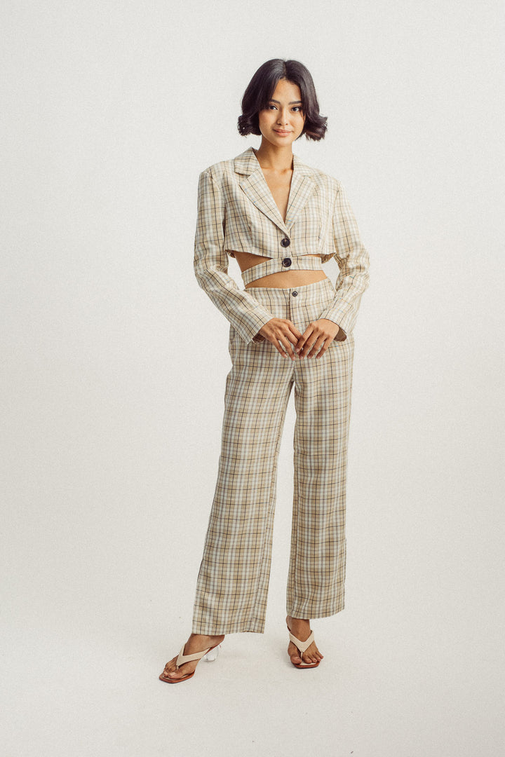 Fille Beige Plaid V Neck Notched Collar Long Sleeves Cropped Blazer with Waist Strap