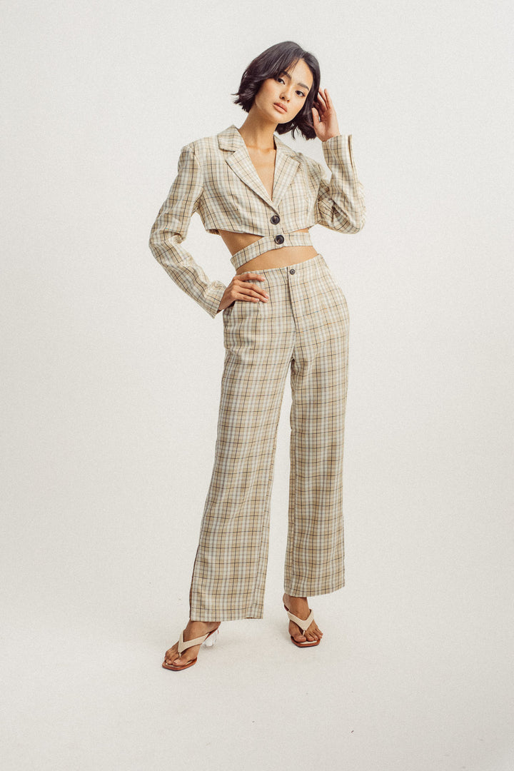 Fille Beige Plaid V Neck Notched Collar Long Sleeves Cropped Blazer with Waist Strap