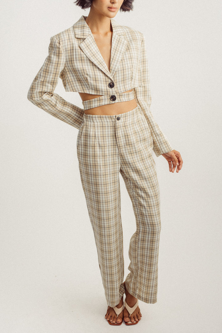 Fille Beige Plaid V Neck Notched Collar Long Sleeves Cropped Blazer with Waist Strap