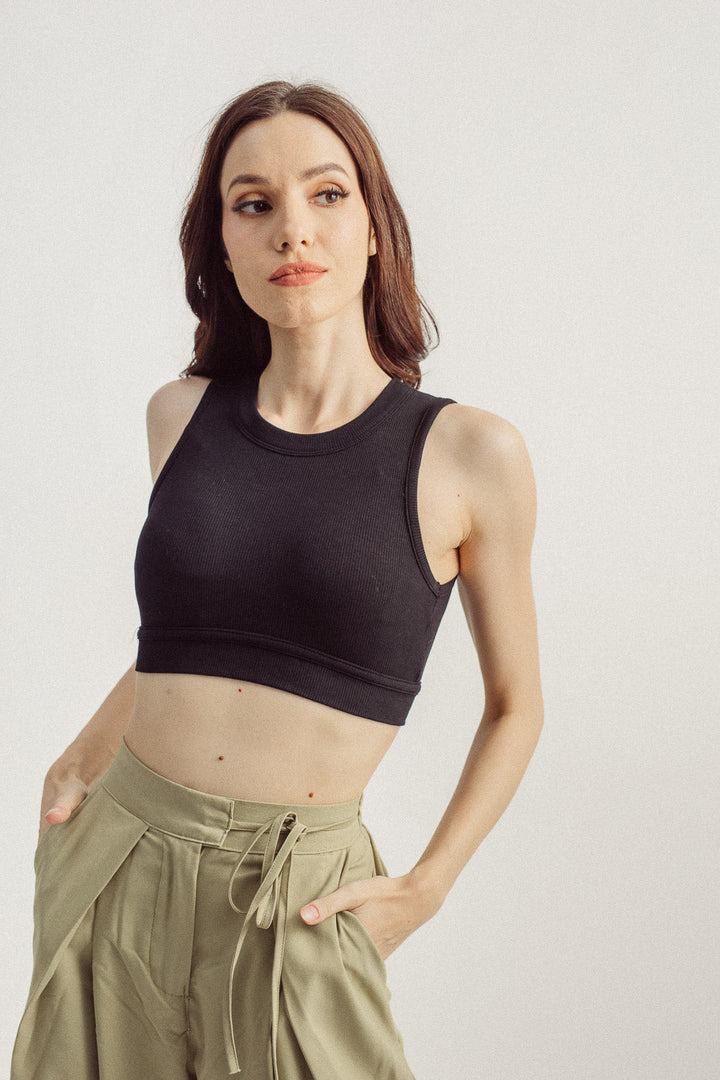 Via Black Knitted Round Neck Padded Sleeveless Halter Crop Top