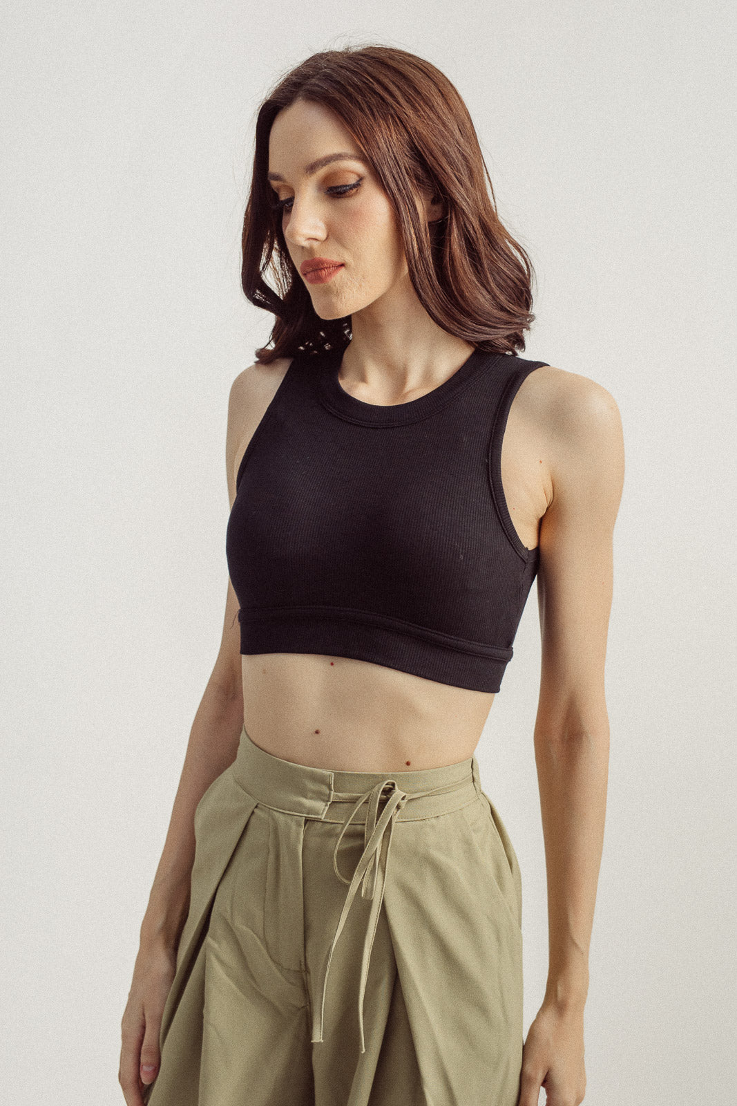 Via Black Knitted Round Neck Padded Sleeveless Halter Crop Top