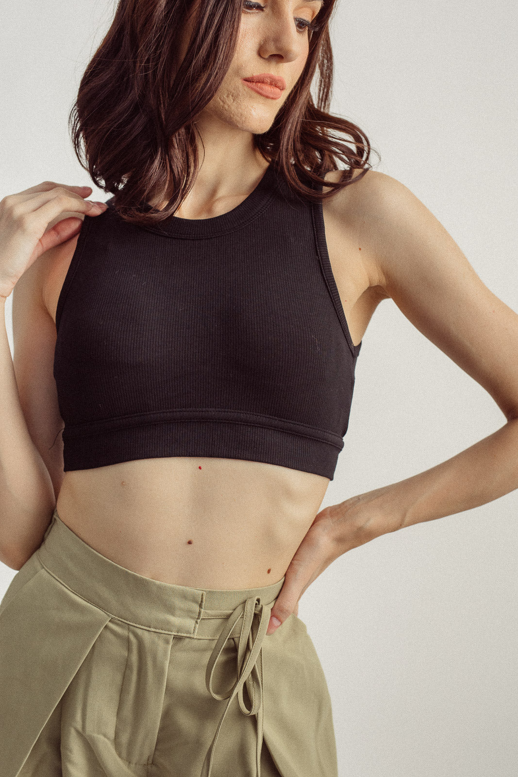 Via Black Knitted Round Neck Padded Sleeveless Halter Crop Top