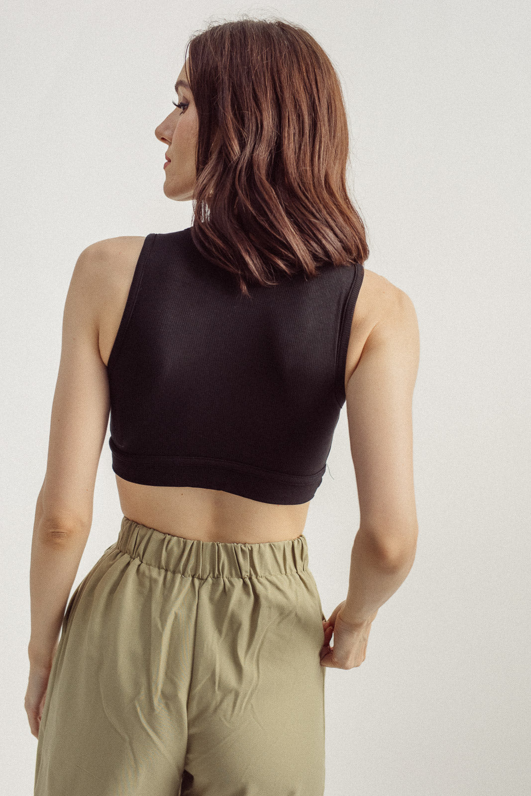 Via Black Knitted Round Neck Padded Sleeveless Halter Crop Top