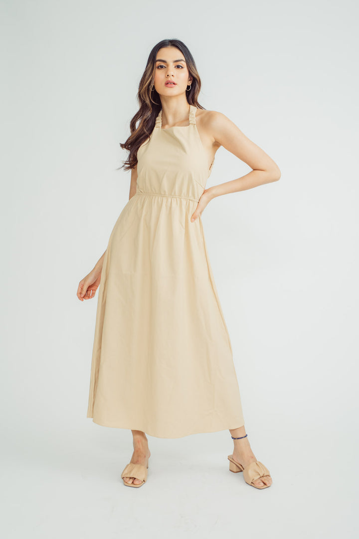 Rona Beige Linen Sleeveless Elastic Crisscross Strap Back Maxi Dress